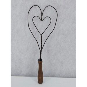 Vintage Double Heart Wire Rug Beater Primitive Wood Handle Wall Decor 14.5"